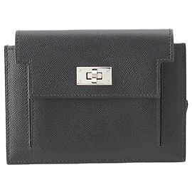 Hermès Veau Madame Kelly Pocket Kompaktes Portemonnaie mit Münzfach Schwarz