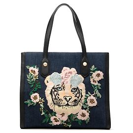 Blue Gucci Denim Embroidered Tiger Tote