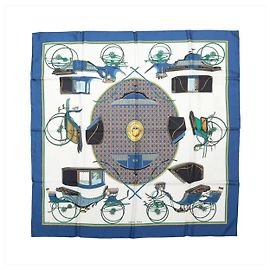 Hermès Carré 90 "LES VOITURES A TRANSFORMATION" Foulard di seta in Blu