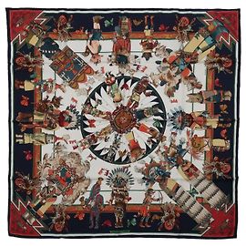 Hermès Carré 90 "Kachinas" Foulard in seta Blu Navy
