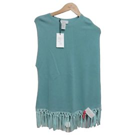 Autre Marque Pinotti Teal Wool & Cashmere Leather Fringe Poncho