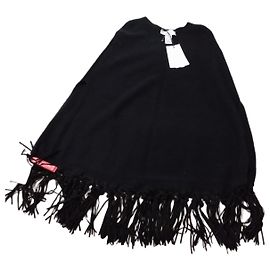 Autre Marque Schwarzer Woll- und Kaschmir-Poncho mit Fransen