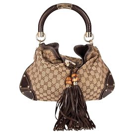 Bolsa Gucci em tela monograma e couro com detalhes em bambu