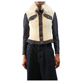 Burberry Shearling-Denim-Mantel in Creme und Marineblau - size UK 10