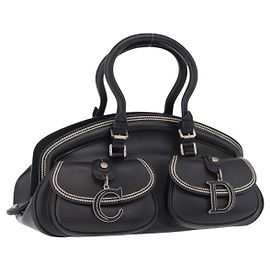 Christian Dior Hand Bag Leather Black Silver