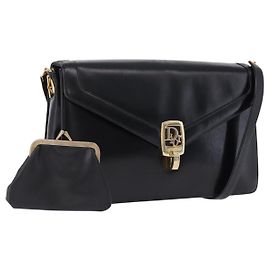 Christian Dior Shoulder Bag Leather Black Gold Tone