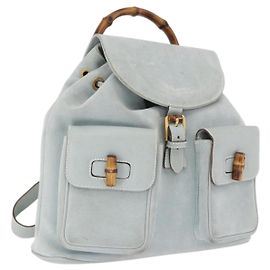 GUCCI Mochila Bamboo Gamuza Azul Claro Dorado 003 2058 0016