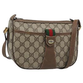 GUCCI GG Supreme Web Sherry Line Shoulder Bag PVC Leather Beige Gold