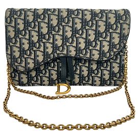Borsa Dior Saddle Pouch Wallet on Chain in canvas blu navy