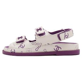 Chanel Sandali da donna in pelle CC Velcro Purple White Camellia