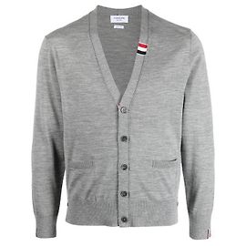 Thom Browne Merino Wool Cardigan with Tri-Color Stripes Grey