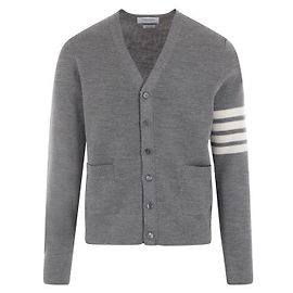 Thom Browne V-Ausschnitt Cardigan aus diagonalem Waffel-Merinowolle Hellgrau