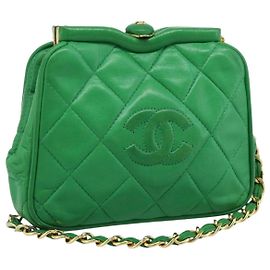CHANEL COCO Mark Matelasse Chain Shoulder Bag Lamb Skin Green Gold
