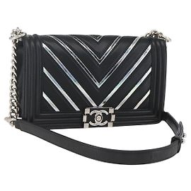 CHANEL Chain Boy Chanel V Stitch Bag Leather Black Silver CC
