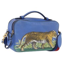 GUCCI Tiger Pattern Hand Bag Leather 2way Blue Gold 453565