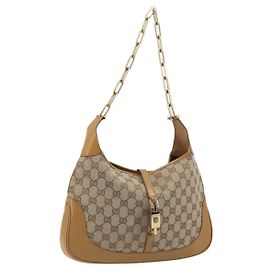 GUCCI Bolso de hombro Jackie de lona GG Beige Dorado 001-4015