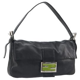 FENDI Mamma Baguette Shoulder Bag Leather Black Silver