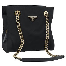 PRADA Chain Shoulder Bag Nylon Black Gold