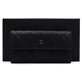 Chanel Portafoglio lungo con patta Timeless in Caviar nero e CC argento