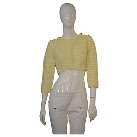 ZIMMERMANN Gelb gestreiftes strukturiertes Tweed Cropped Top mit Marineknöpfen 2