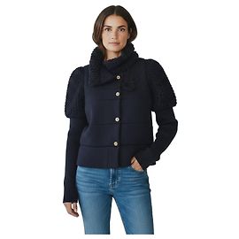 RED VALENTINO Gestrickte wattierte Jacke Cardigan aus 100% Wolle, Texturiert, Marineblau L