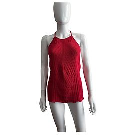 Salvatore Ferragamo Top rosso in cotone a coste con scollo all'americana