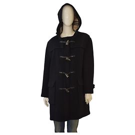 Abrigo Duffle Coat BURBERRY London Navy Black 100% Wool con Capucha Nova Check Fabricado en Inglaterra