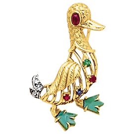 Autre Marque Spilla "Anatra" in oro giallo, pietre preziose e diamanti.