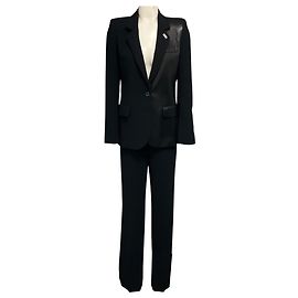 Conjunto de traje Barbara Bui chaqueta de crepe con ribetes de cuero negro y pantalones anchos de crepe