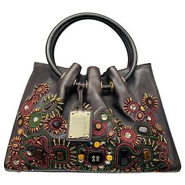 Bolsa de mão em couro Oscar de la Renta marrom com miçangas multicoloridas e pedras
