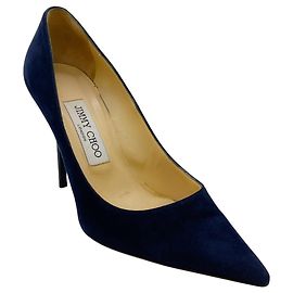 Jimmy Choo Pumps aus dunkelblauem Wildleder mit Lackabsatz