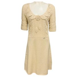 Oscar de la Renta Ivory Cashmere Crochet Knit Dress