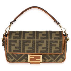 Fendi Medium Baguette Bag aus Canvas mit FF-Stickerei in Grün und Tan