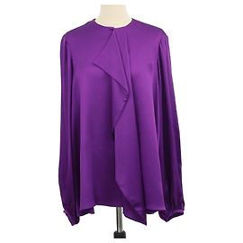 Blusa a maniche lunghe in seta viola con volant anteriori Alexander McQueen