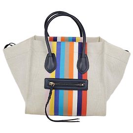 Céline Celine Bolsa Medium Phantom Luggage em Lona Multicolorida Listrada Beige/Black