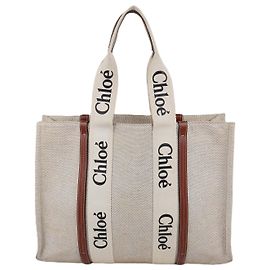 Chloé Chloe Large Woody Tote aus Canvas und Leder in Beige/Natural