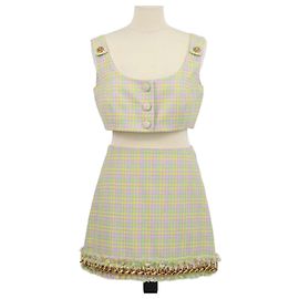 Versace Multicolor Tweed Houndstooth Crop Top und Tweed Ketten-Minirock Set