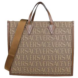 Bolso Tote Versace de lona y cuero marrón con estampado allover