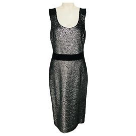 Vestido midi ajustado Boutique Moschino de Lurex con purpurina plateada metálica / negro y ribete de banda elástica