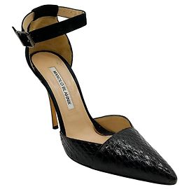 Zapatos de salón Manolo Blahnik de ante negro / piel de serpiente con correa al tobillo