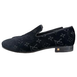 Louis Vuitton Black Velvet Loafer Black Monogram Velour Schwarz 7.5 (41,5)