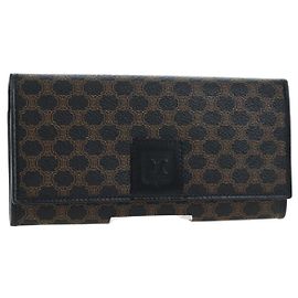 Céline CELINE Macadam Canvas Kiss Lock Long Wallet PVC Leather Black