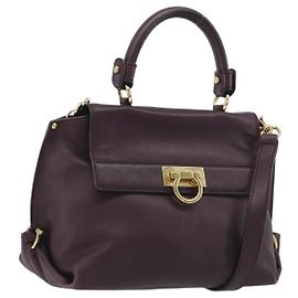Salvatore Ferragamo Gancini Hand Bag Leather 2way Purple Gold Tone