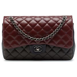 Chanel Red Jumbo Classic Tricolor Lambskin Double Flap