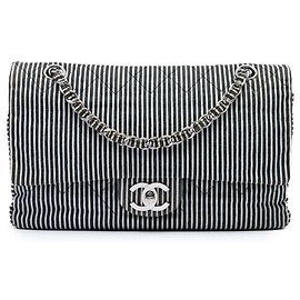 Chanel Black Medium Classic Canvas Stripes Double Flap