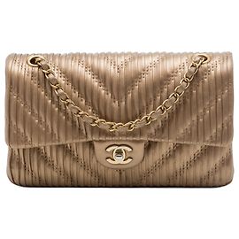 Chanel Brown Medium Classic Chevron Calfskin Pleated Double Flap