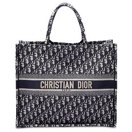 Borsa Book Tote Dior Blue Large in tela ricamata Oblique