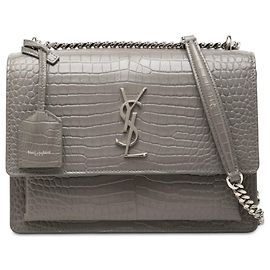 Saint Laurent Gray Medium Croc Embossed Leather Monogram Sunset Crossbody