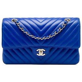 Chanel Blue Medium Classic Chevron Lambskin Double Flap