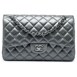 Chanel Gray Jumbo Classic Metallic Lambskin Double Flap